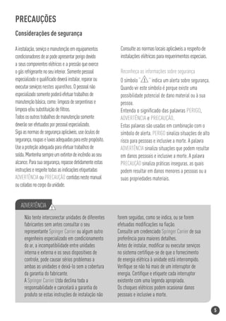 PRECAUÇÕES
Considerações de segurança

A instalação, serviço e manutenção em equipamentos          Consulte as normas locais aplicáveis a respeito de
condicionadores de ar pode apresentar perigo devido         instalações elétricas para requerimentos especiais.
a seus componentes elétricos e a pressão que exerce
o gás refrigerante no seu interior. Somente pessoal         Reconheça as informações sobre segurança
especializado e qualiﬁcado deverá instalar, reparar ou      O símbolo “ ! ” indica um alerta sobre segurança.
executar serviços nestes aparelhos. O pessoal não           Quando vir este símbolo é porque existe uma
especializado somente poderá efetuar trabalhos de           possibilidade potencial de dano material ou à sua
manutenção básica, como: limpeza de serpentinas e           pessoa.
limpeza e/ou substituição de ﬁltros.                        Entenda o signiﬁcado das palavras PERIGO,
Todos os outros trabalhos de manutenção somente             ADVERTÊNCIA e PRECAUÇÃO.
deverão ser efetuados por pessoal especializado.            Estas palavras são usadas em combinação com o
Siga as normas de segurança aplicáveis, use óculos de       símbolo de alerta. PERIGO sinaliza situações de alto
segurança, roupas e luvas adequadas para este propósito.    risco para pessoas e inclusive a morte. A palavra
Use a proteção adequada para efetuar trabalhos de           ADVERTÊNCIA sinaliza situações que podem resultar
solda. Mantenha sempre um extintor de incêndio ao seu       em danos pessoais e inclusive a morte. A palavra
alcance. Para sua segurança, repasse detidamente estas      PRECAUÇÃO sinaliza práticas inseguras, as quais
instruções e respeite todas as indicações etiquetadas       podem resultar em danos menores a pessoas ou a
ADVERTÊNCIA ou PRECAUÇÃO contidas neste manual              suas propriedades materiais.
ou coladas no corpo da unidade.


   ADVERTÊNCIA !
     Não tente interconectar unidades de diferentes        forem seguidas, como se indica, ou se forem
     fabricantes sem antes consultar o seu                 efetuadas modiﬁcações na ﬁação.
     representante Springer Carrier ou algum outro         Consulte um credenciado Springer Carrier de sua
     engenheiro especializado em condicionamento           preferência para maiores detalhes.
     do ar, a incompatibilidade entre unidades             Antes de instalar, modiﬁcar ou executar serviços
     interna e externa e os seus dispositivos de           no sistema certiﬁque-se de que o fornecimento
     controle, pode causar sérios problemas a              de energia elétrica à unidade está interrompido.
     ambas as unidades e deixá-lo sem a cobertura          Veriﬁque se não há mais de um interruptor de
     da garantia do fabricante.                            energia. Certiﬁque e etiquete cada interruptor
     A Springer Carrier Ltda declina toda a                existente com uma legenda apropriada.
     responsabilidade e cancelará a garantia do            Os choques elétricos podem ocasionar danos
     produto se estas instruções de instalação não         pessoais e inclusive a morte.

                                                                                                                   5
 