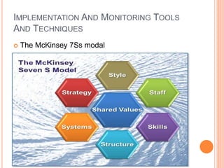 IMPLEMENTATION AND MONITORING TOOLS
AND TECHNIQUES
 The McKinsey 7Ss modal
 