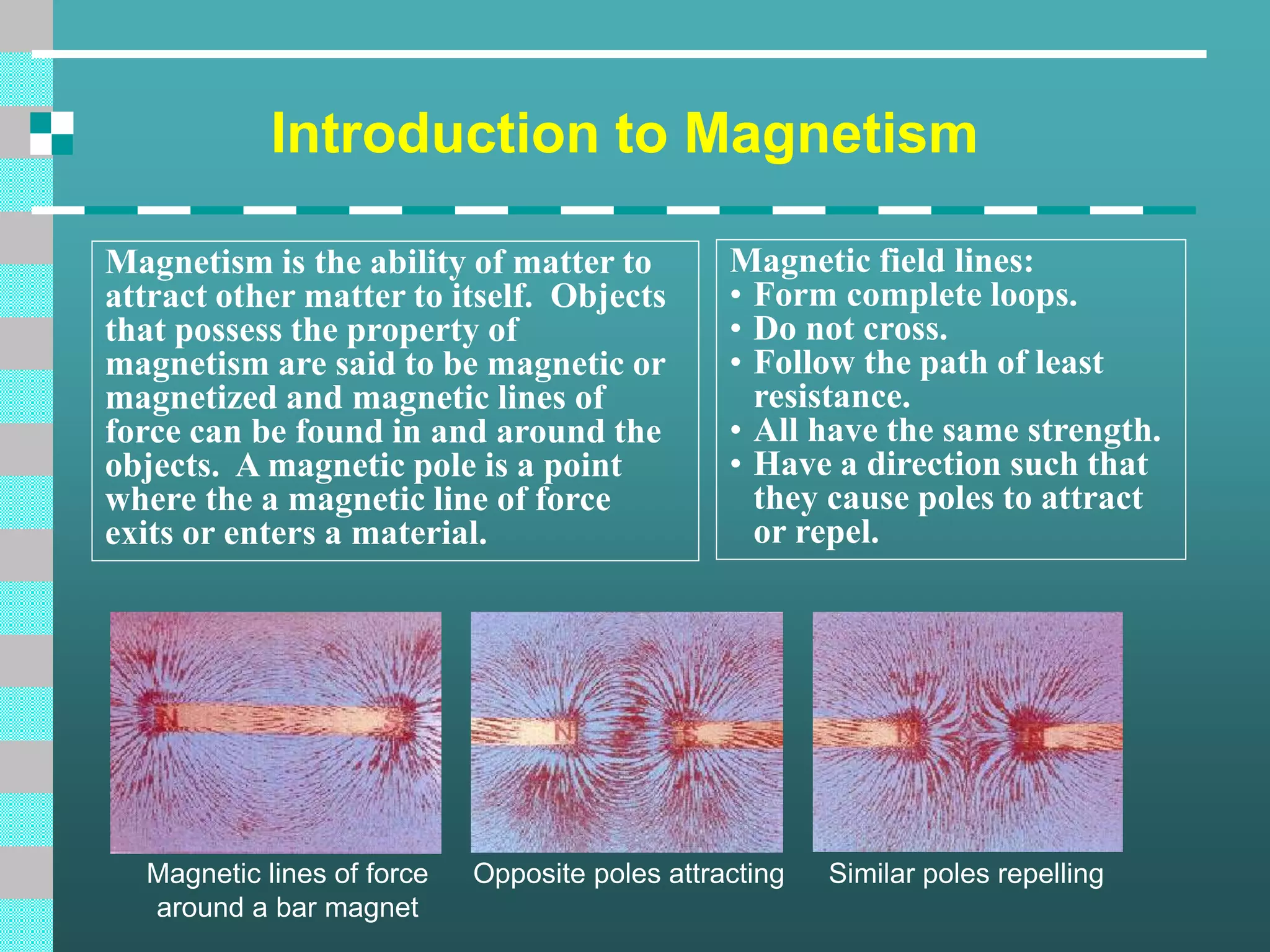 Magnetic lines of force
around a bar magnet
Opposite poles attracting Similar poles repelling
Introduction to Magnetism
Magnetism is the ability of matter to
attract other matter to itself. Objects
that possess the property of
magnetism are said to be magnetic or
magnetized and magnetic lines of
force can be found in and around the
objects. A magnetic pole is a point
where the a magnetic line of force
exits or enters a material.
Magnetic field lines:
• Form complete loops.
• Do not cross.
• Follow the path of least
resistance.
• All have the same strength.
• Have a direction such that
they cause poles to attract
or repel.
 