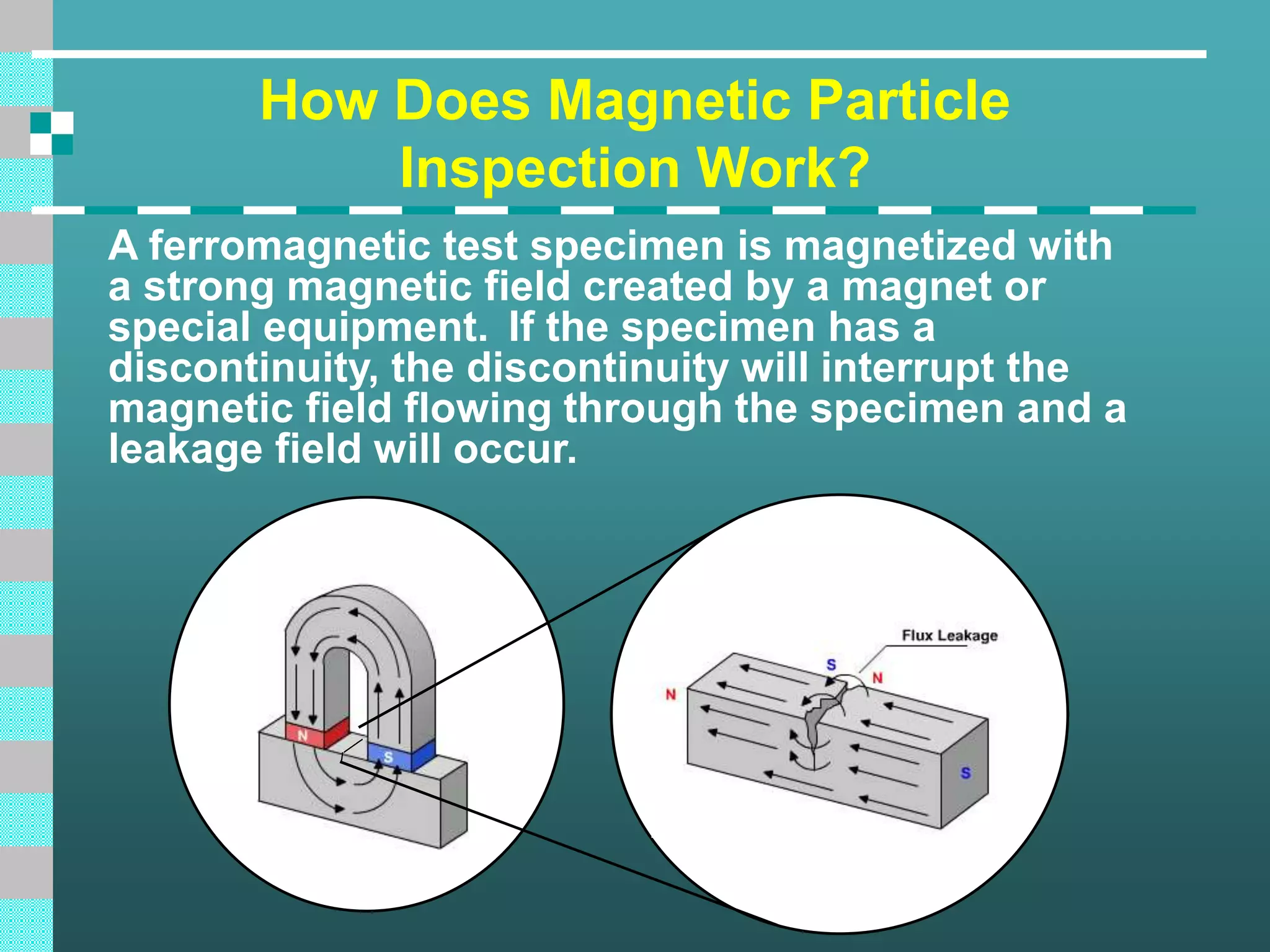 How Does Magnetic Particle
Inspection Work?
A ferromagnetic test specimen is magnetized with
a strong magnetic field created by a magnet or
special equipment. If the specimen has a
discontinuity, the discontinuity will interrupt the
magnetic field flowing through the specimen and a
leakage field will occur.
 