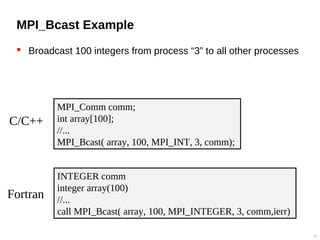 MPI_Bcast Example
 Broadcast 100 integers from process “3” to all other processes
33
MPI_Comm comm;
int array[100];
//...
MPI_Bcast( array, 100, MPI_INT, 3, comm);
INTEGER comm
integer array(100)
//...
call MPI_Bcast( array, 100, MPI_INTEGER, 3, comm,ierr)
C/C++
Fortran
 