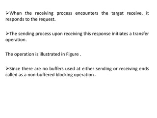 When the receiving process encounters the target receive, it
responds to the request.
The sending process upon receiving this response initiates a transfer
operation.
The operation is illustrated in Figure .
Since there are no buffers used at either sending or receiving ends
called as a non-buffered blocking operation .
 