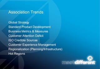 Association Trends Global Strategy Standard Product Development Business Metrics & Measures Customer Attention Deficit ISO Credible Sources Customer Experience Management Regionalization (Planning/Infrastructure) Hot Regions 