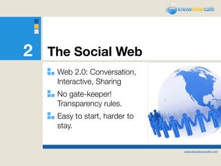 2   The Social Web
     Web 2.0: Conversation,
     Interactive, Sharing
     No gate-keeper!
     Transparency rules.
     Easy to start, harder to
     stay.
 