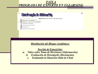 FATLAPROGRAMA DE EXPERTO EN ELEARNINGDistribución del Bloque Académico:Sección de Rebote: Actividad No. 1 Consiste en un foro donde el participante debe enunciar la      importancia de la planeación  en la toma de decisiones.