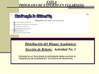 FATLAPROGRAMA DE EXPERTO EN ELEARNINGDistribución del Bloque Académico:Sección de Construcción:  Evaluación de Desempeño:Trata sobre la creación de un Wiki para que entre todos compartan conocimientos