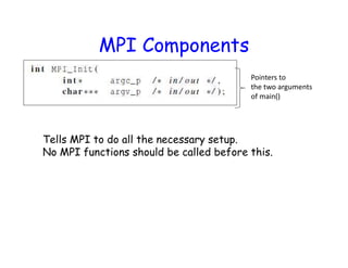 MPI Components
Tells MPI to do all the necessary setup.
No MPI functions should be called before this.
Pointers to
the two arguments
of main()
 