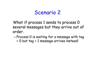 Scenario 2
What if process 1 sends to process 0
several messages but they arrive out of
order.
– Process 0 is waiting for a message with tag
= 0 but tag = 1 message arrives instead!
 