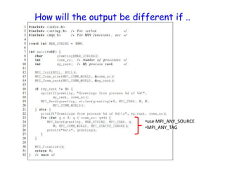 How will the output be different if ..
•use MPI_ANY_SOURCE
•MPI_ANY_TAG
 