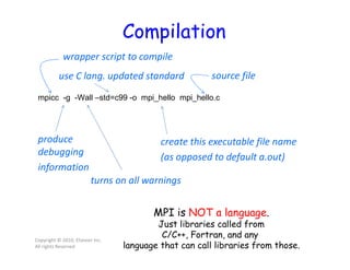 Compilation
Copyright © 2010, Elsevier Inc.
All rights Reserved
mpicc -g -Wall –std=c99 -o mpi_hello mpi_hello.c
wrapper script to compile
turns on all warnings
source file
create this executable file name
(as opposed to default a.out)
produce
debugging
information
MPI is NOT a language.
Just libraries called from
C/C++, Fortran, and any
language that can call libraries from those.
use C lang. updated standard
 