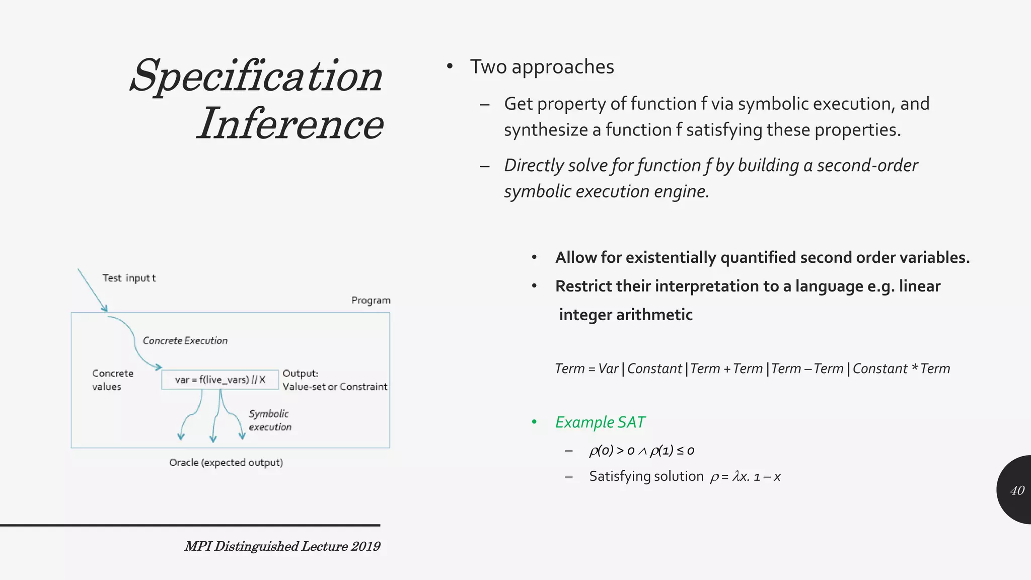 Specification
Inference
• Two approaches
– Get property of function f via symbolic execution, and
synthesize a function f satisfying these properties.
– Directly solve for function f by building a second-order
symbolic execution engine.
MPI Distinguished Lecture 2019
• Allow for existentially quantified second order variables.
• Restrict their interpretation to a language e.g. linear
integer arithmetic
Term =Var |Constant |Term +Term |Term –Term |Constant *Term
• Example SAT
– (0) > 0  (1) ≤ 0
– Satisfying solution  = x. 1 – x
40
Specification
Inference
 