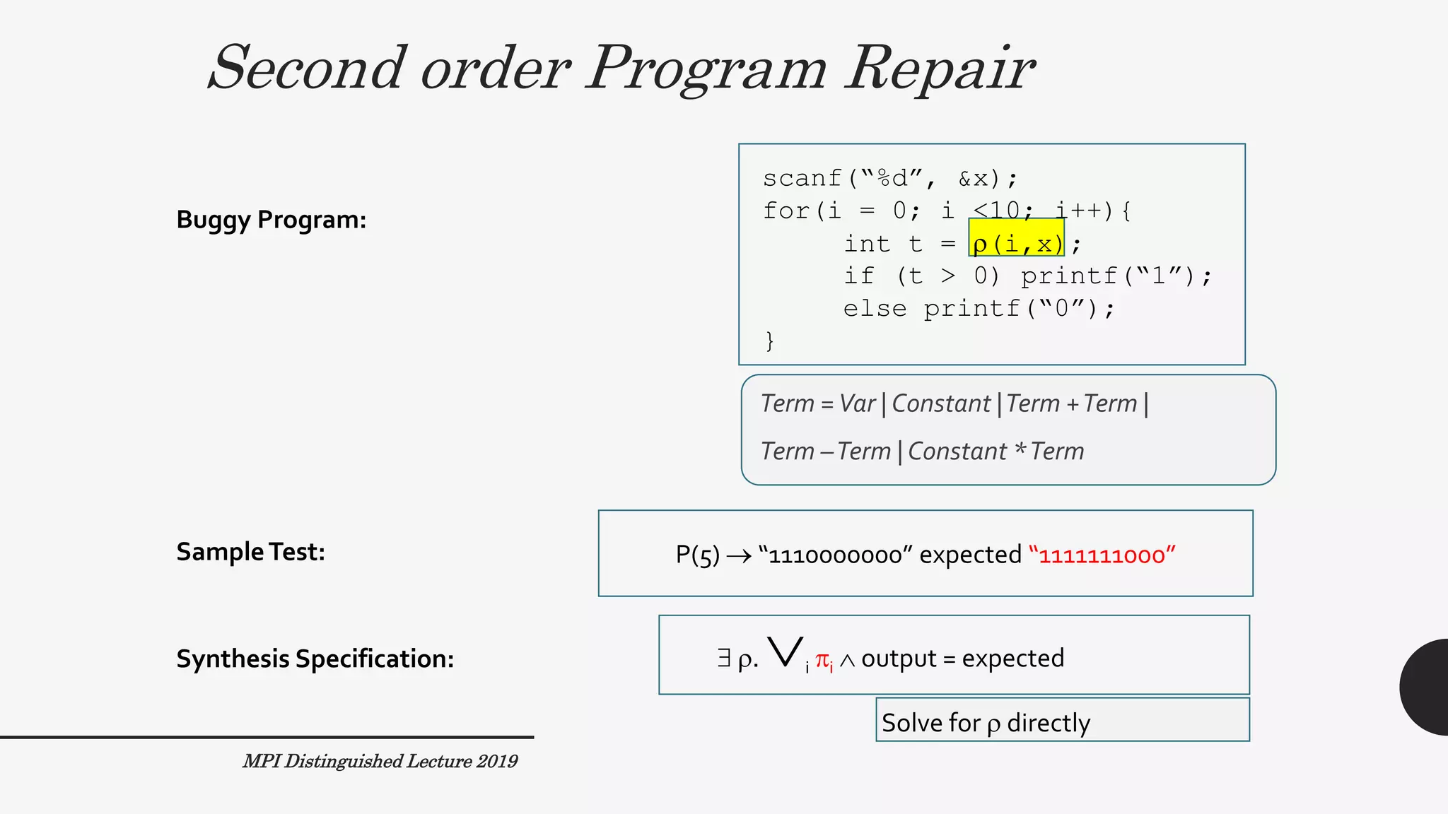 Term =Var | Constant |Term +Term |
Term –Term | Constant *Term
Second order Program Repair
41
scanf(“%d”, &x);
for(i = 0; i <10; i++){
int t = (i,x);
if (t > 0) printf(“1”);
else printf(“0”);
}
P(5)  “1110000000” expected “1111111000”
Buggy Program:
SampleTest:
Synthesis Specification:  . i i  output = expected
Solve for  directly
Term =Var | Constant |Term +Term |
Term –Term | Constant *Term
MPI Distinguished Lecture 2019
 