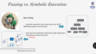 Fuzzing vs. Symbolic Execution
Bug Finding
- Symbolic execution tree construction e.g. KLEE
[Modeling system environment]
- Grey-box fuzz testing for systematic path exploration
inspired by concolic execution
AFLFast
MPI Distinguished Lecture 2019
12
 