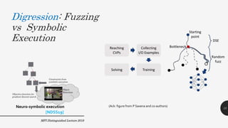 Digression: Fuzzing
vs Symbolic
Execution
MPI Distinguished Lecture 2019
Neuro-symbolic execution
[NDSS19]
15
(Ack: figure from P Saxena and co-authors)
 