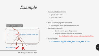 Example
MPI Distinguished Lecture 2019
• Accumulated constraints
– f(1,11, 110) > 110 
– f(1,0,100) ≤ 100 
– …
• Find a f satisfying this constraint
– By fixing the set of operators appearing in f
• Candidate methods
• Search over the space of expressions
• Program synthesis with fixed set of operators
– Can also be achieved by second-order constraint solving
• Generated fix
– f(inhibit,up_sep,down_sep) = up_sep + 100
30
 