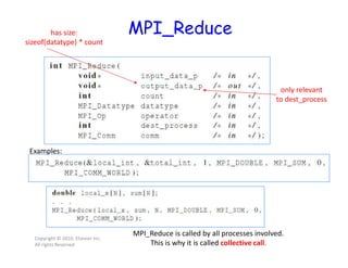 MPI_Reduce
Copyright © 2010, Elsevier Inc.
All rights Reserved
only relevant
to dest_process
has size:
sizeof(datatype) * count
MPI_Reduce is called by all processes involved.
This is why it is called collective call.
Examples:
 