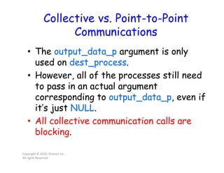 Collective vs. Point-to-Point
Communications
• The output_data_p argument is only
used on dest_process.
• However, all of the processes still need
to pass in an actual argument
corresponding to output_data_p, even if
it’s just NULL.
• All collective communication calls are
blocking.
Copyright © 2010, Elsevier Inc.
All rights Reserved
 