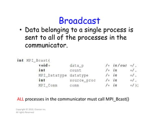 Broadcast
• Data belonging to a single process is
sent to all of the processes in the
communicator.
Copyright © 2010, Elsevier Inc.
All rights Reserved
ALL processes in the communicator must call MPI_Bcast()
 