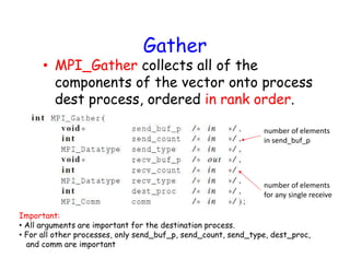 Gather
• MPI_Gather collects all of the
components of the vector onto process
dest process, ordered in rank order.
Important:
• All arguments are important for the destination process.
• For all other processes, only send_buf_p, send_count, send_type, dest_proc,
and comm are important
number of elements
for any single receive
number of elements
in send_buf_p
 