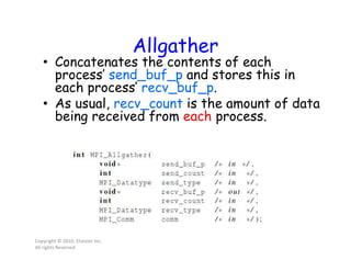 Allgather
• Concatenates the contents of each
process’ send_buf_p and stores this in
each process’ recv_buf_p.
• As usual, recv_count is the amount of data
being received from each process.
Copyright © 2010, Elsevier Inc.
All rights Reserved
 