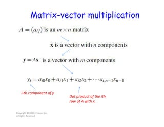 Matrix-vector multiplication
Copyright © 2010, Elsevier Inc.
All rights Reserved
i-th component of y
Dot product of the ith
row of A with x.
 