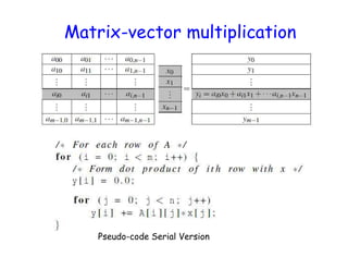 Matrix-vector multiplication
Pseudo-code Serial Version
 