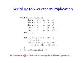 Serial matrix-vector multiplication
Let’s assume x[] is distributed among the different processes
 