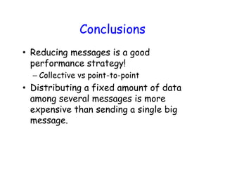 Conclusions
• Reducing messages is a good
performance strategy!
– Collective vs point-to-point
• Distributing a fixed amount of data
among several messages is more
expensive than sending a single big
message.
Powered by TCPDF (www.tcpdf.org)Powered by TCPDF (www.tcpdf.org)Powered by TCPDF (www.tcpdf.org)
 