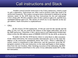 www. MicroDigital Ed. com
BIHEuniversity
AVR Microcontroller and Embedded System Using Assembly and C
Mazidi, Naimi, and Naimi
© 2011 Pearson Higher Education,
Upper Saddle River, NJ 07458. • All Rights Reserved.
Call instructions and Stack
Call instructions and Stack
• CALL
 
