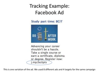 Tracking Example: Facebook AdThis is one variation of the ad. We used 8 different ads and 4 targets for the same campaign