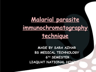 Malarial parasite immunochromatography technique MADE BY SARA AZHAR BS MEDICAL TECHNOLOGY 6 TH  SEMESTER LIAQUAT NATIONAL HOSPITAL   