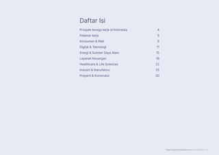 Page Insights Indonesia Salary Guide 2023 | 3
Daftar Isi
Prospek tenaga kerja di Indonesia 4
Pelamar kerja 5
Konsumen & Ritel 6
Digital & Teknologi 11
Energi & Sumber Daya Alam 15
Layanan Keuangan 18
Healthcare & Life Sciences 22
Industri & Manufaktur 25
Properti & Konstruksi 30
 