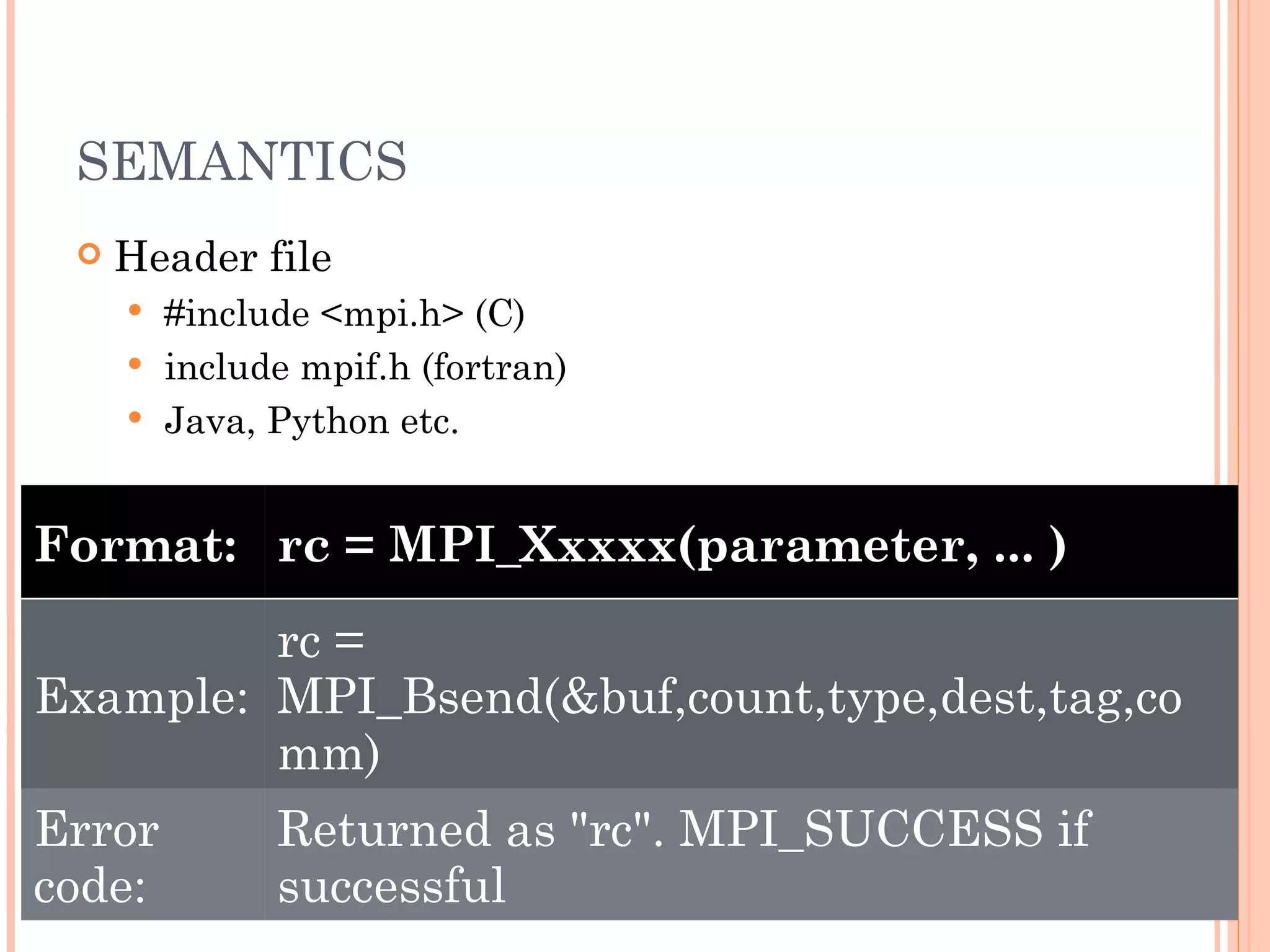 SEMANTICS Header file #include <mpi.h> (C) include mpif.h (fortran) Java, Python etc. Format:  rc = MPI_Xxxxx(parameter, ... )  Example:  rc = MPI_Bsend(&buf,count,type,dest,tag,comm)  Error code:  Returned as &quot;rc&quot;. MPI_SUCCESS if successful 