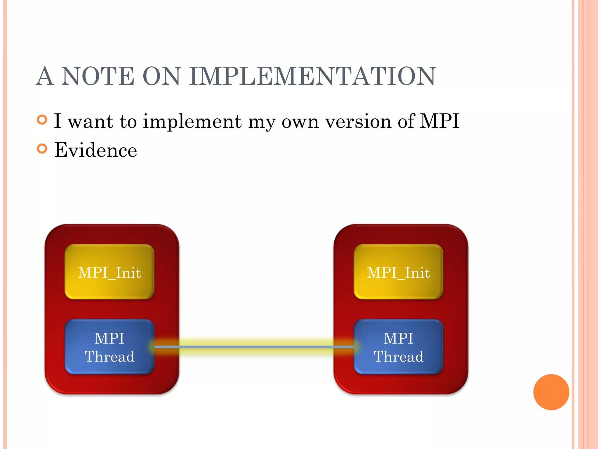 A NOTE ON IMPLEMENTATION I want to implement my own version of MPI Evidence MPI_Init MPI Thread MPI_Init MPI Thread 