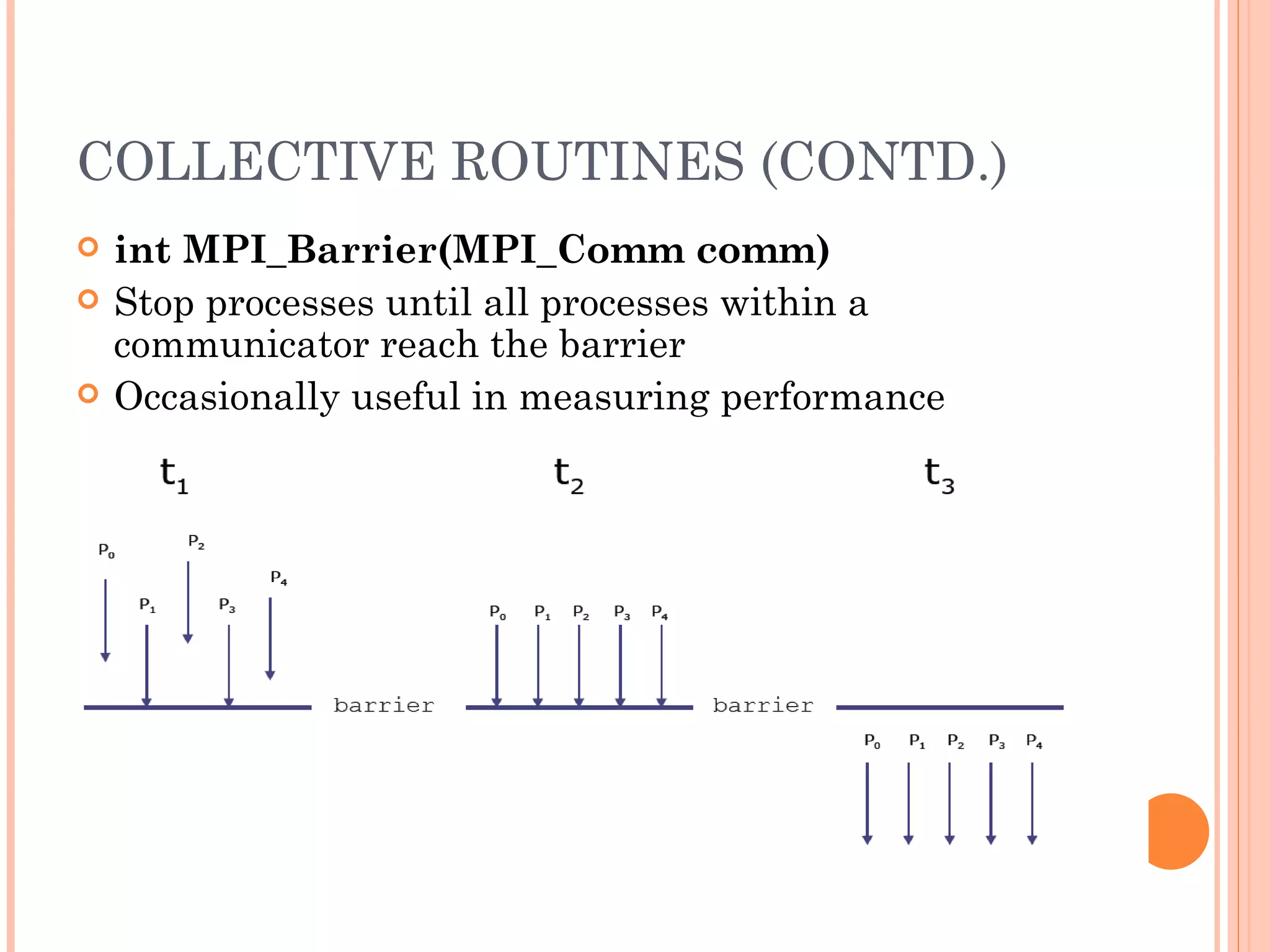 COLLECTIVE ROUTINES (CONTD.) int MPI_Barrier(MPI_Comm comm) Stop processes until all processes within a communicator reach the barrier Occasionally useful in measuring performance 