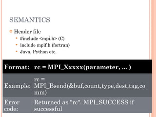 SEMANTICS Header file #include <mpi.h> (C) include mpif.h (fortran) Java, Python etc. Format:  rc = MPI_Xxxxx(parameter, ... )  Example:  rc = MPI_Bsend(&buf,count,type,dest,tag,comm)  Error code:  Returned as "rc". MPI_SUCCESS if successful 