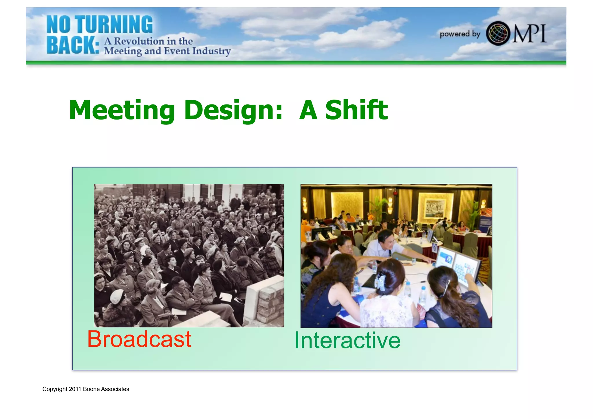 Meeting Design: A Shift




               Broadcast          Interactive
Copyright 2011 Boone Associates
 
