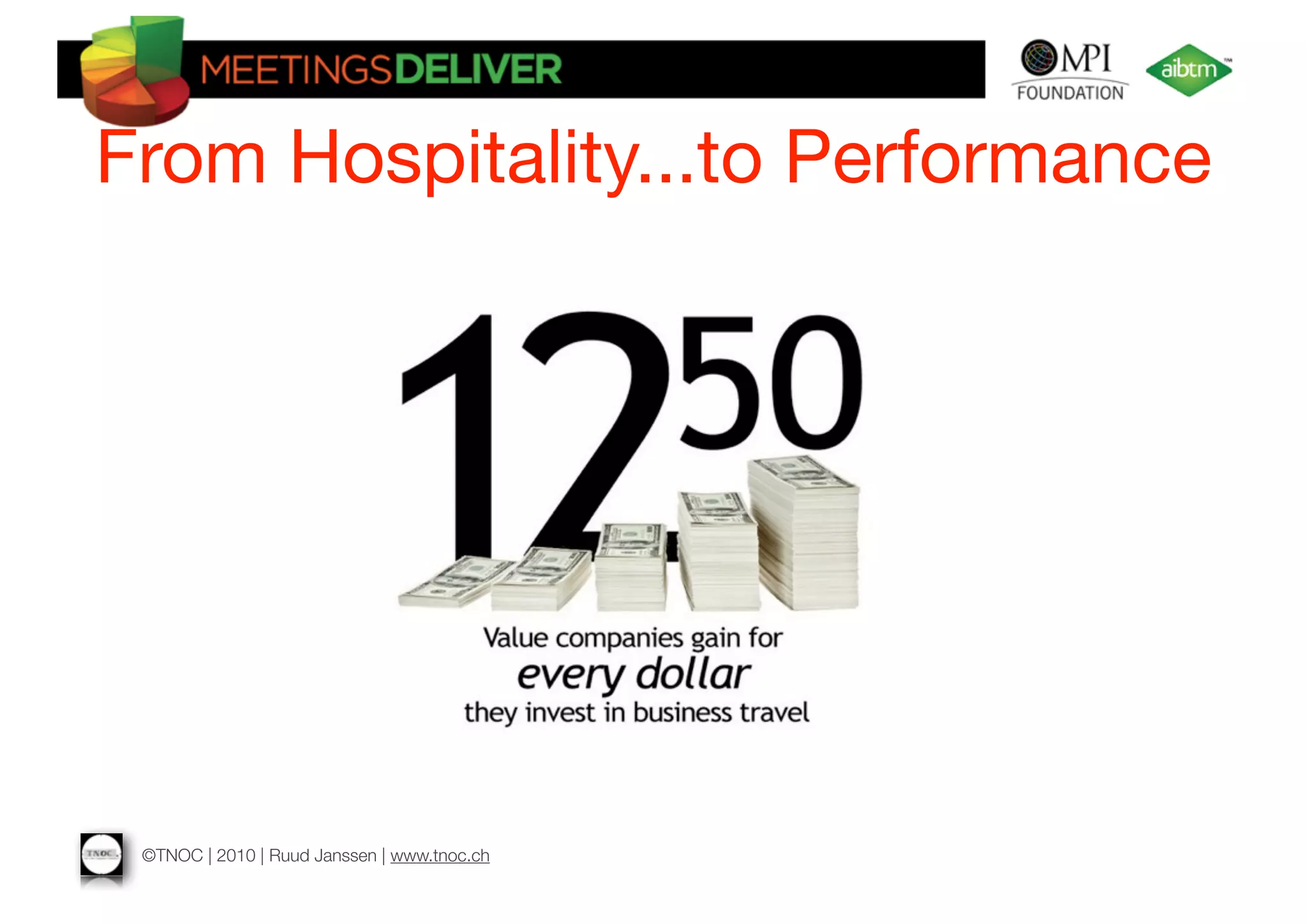 From Hospitality...to Performance




 ©TNOC | 2010 | Ruud Janssen | www.tnoc.ch
 