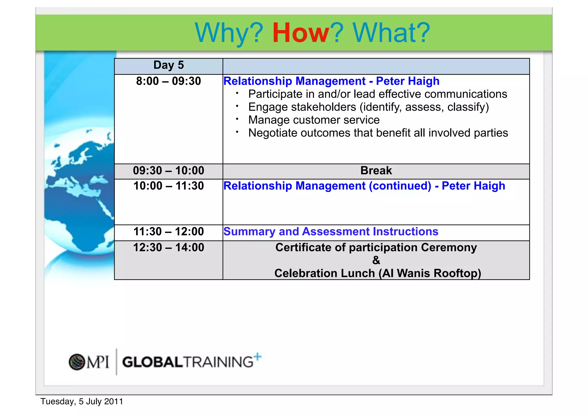 Why? How? What?
                          Day 5
                       8:00 – 09:30    Relationship Management - Peter Haigh
                                         • Participate in and/or lead effective communications
                                         • Engage stakeholders (identify, assess, classify)
                                         • Manage customer service
                                         • Negotiate outcomes that benefit all involved parties




                       09:30 – 10:00                         Break
                       10:00 – 11:30   Relationship Management (continued) - Peter Haigh


                       11:30 – 12:00   Summary and Assessment Instructions
                       12:30 – 14:00          Certificate of participation Ceremony
                                                                  &
                                              Celebration Lunch (Al Wanis Rooftop)




Tuesday, 5 July 2011
 