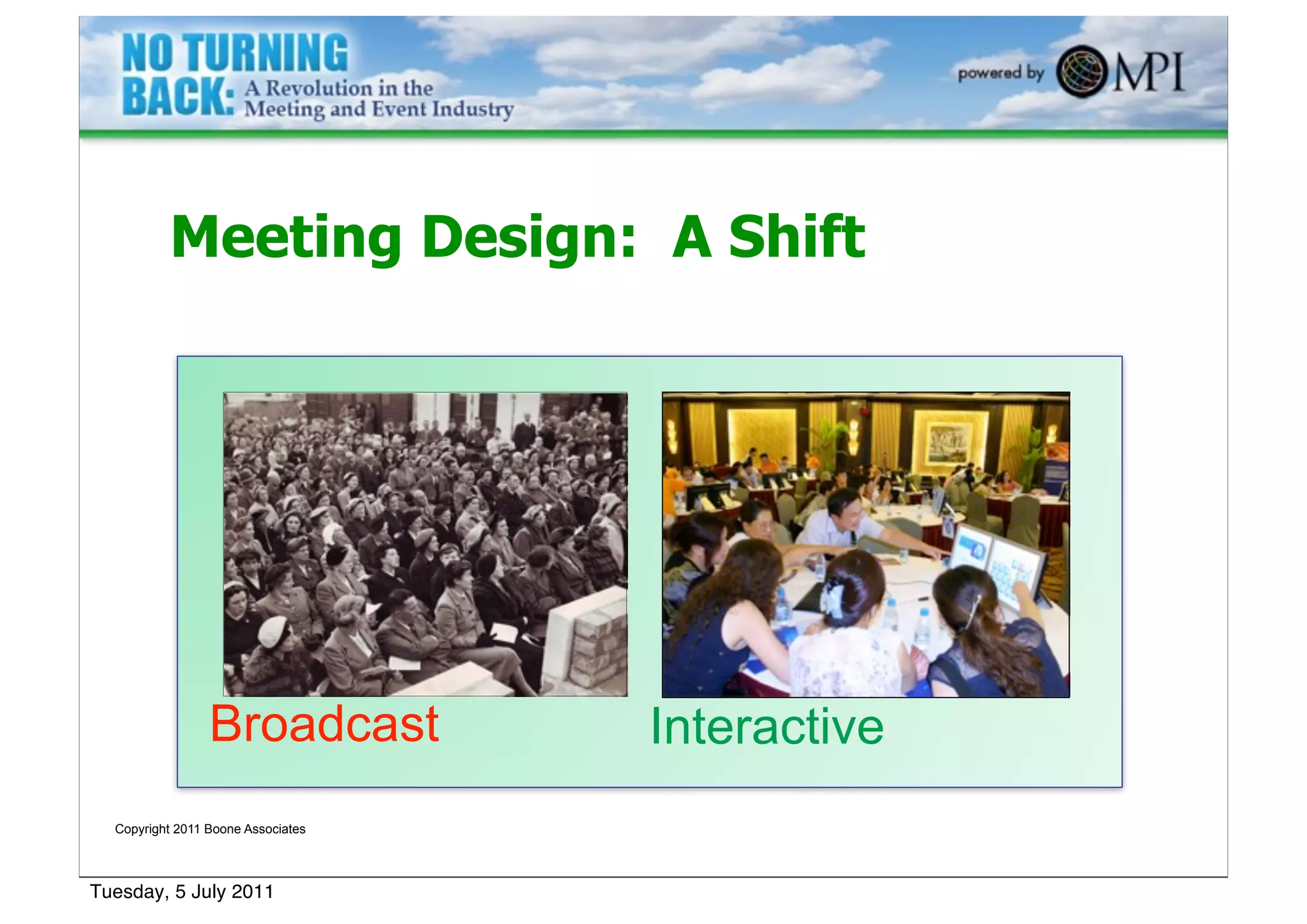 Meeting Design: A Shift




                 Broadcast          Interactive
  Copyright 2011 Boone Associates




Tuesday, 5 July 2011
 