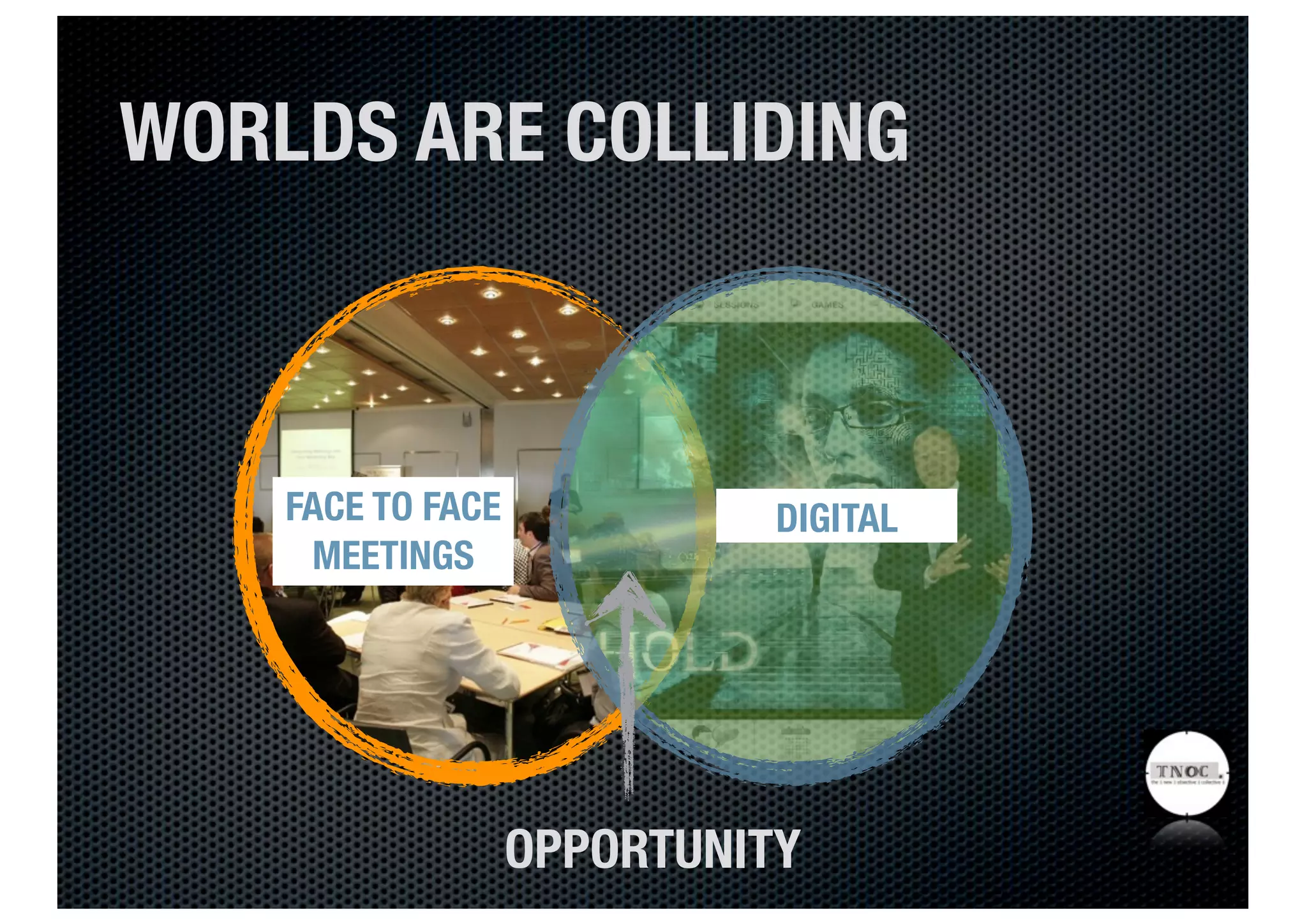 WORLDS ARE COLLIDING



    FACE TO FACE             DIGITAL
     MEETINGS




                   OPPORTUNITY
 