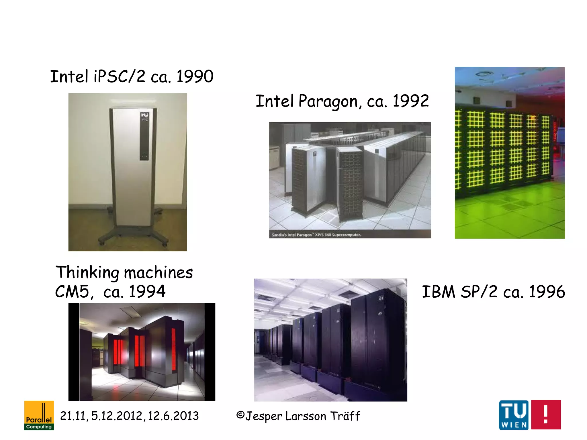 ©Jesper Larsson Träff21.11, 5.12.2012, 12.6.2013
Intel iPSC/2 ca. 1990
Intel Paragon, ca. 1992
IBM SP/2 ca. 1996
Thinking machines
CM5, ca. 1994
 