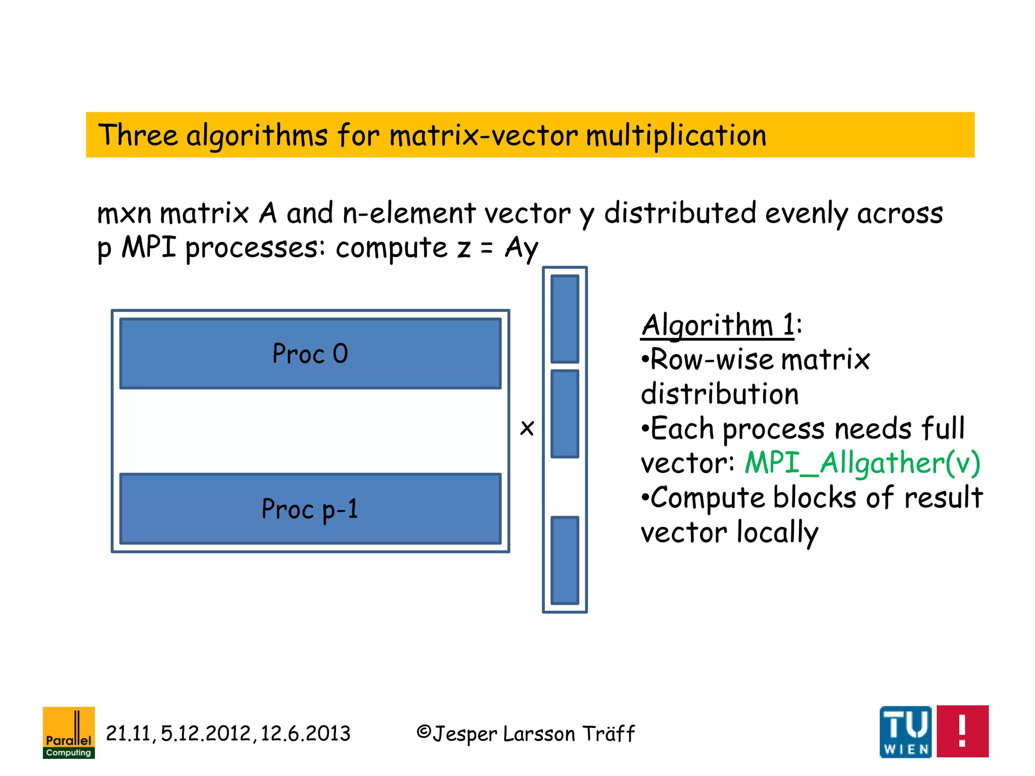©Jesper Larsson Träff21.11, 5.12.2012, 12.6.2013
Proc 0
x
Proc p-1
Three algorithms for matrix-vector multiplication
mxn matrix A and n-element vector y distributed evenly across
p MPI processes: compute z = Ay
Algorithm 1:
•Row-wise matrix
distribution
•Each process needs full
vector: MPI_Allgather(v)
•Compute blocks of result
vector locally
 