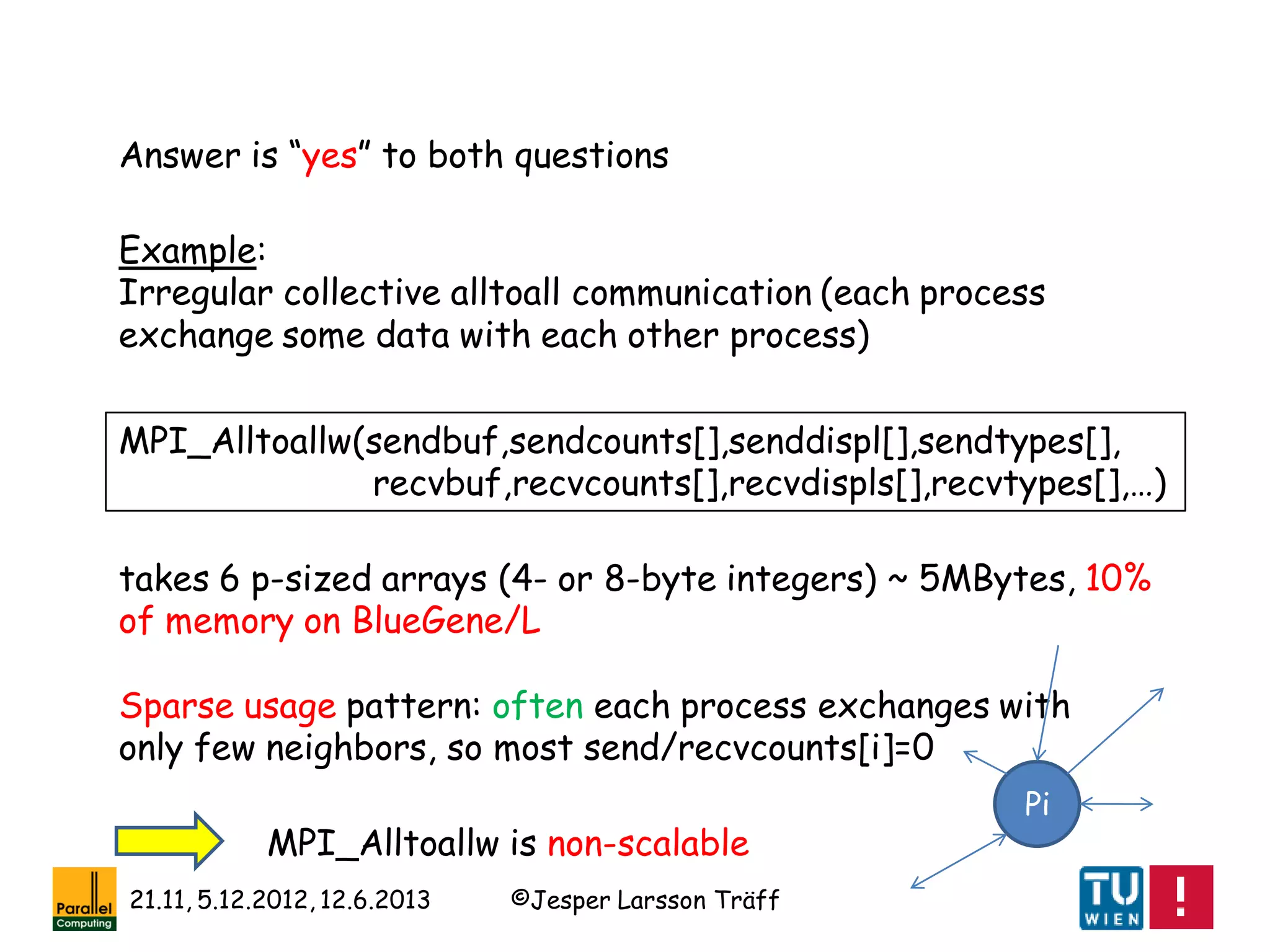 ©Jesper Larsson Träff21.11, 5.12.2012, 12.6.2013
Answer is “yes” to both questions
Example:
Irregular collective alltoall communication (each process
exchange some data with each other process)
MPI_Alltoallw(sendbuf,sendcounts[],senddispl[],sendtypes[],
recvbuf,recvcounts[],recvdispls[],recvtypes[],…)
takes 6 p-sized arrays (4- or 8-byte integers) ~ 5MBytes, 10%
of memory on BlueGene/L
Sparse usage pattern: often each process exchanges with
only few neighbors, so most send/recvcounts[i]=0
MPI_Alltoallw is non-scalable
Pi
 