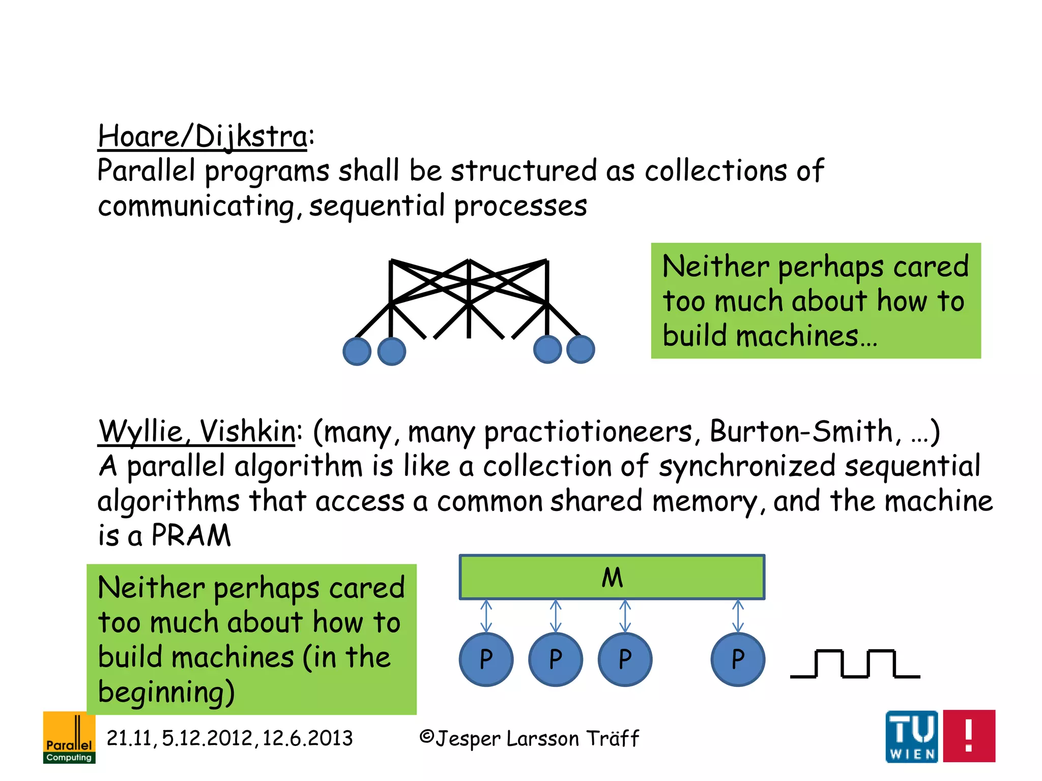 ©Jesper Larsson Träff21.11, 5.12.2012, 12.6.2013
Hoare/Dijkstra:
Parallel programs shall be structured as collections of
communicating, sequential processes
Wyllie, Vishkin: (many, many practiotioneers, Burton-Smith, …)
A parallel algorithm is like a collection of synchronized sequential
algorithms that access a common shared memory, and the machine
is a PRAM
M
P P P P
Neither perhaps cared
too much about how to
build machines…
Neither perhaps cared
too much about how to
build machines (in the
beginning)
 