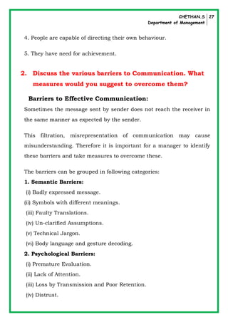 CHETHAN.S
Department of Management
27
4. People are capable of directing their own behaviour.
5. They have need for achievement.
2. Discuss the various barriers to Communication. What
measures would you suggest to overcome them?
Barriers to Effective Communication:
Sometimes the message sent by sender does not reach the receiver in
the same manner as expected by the sender.
This filtration, misrepresentation of communication may cause
misunderstanding. Therefore it is important for a manager to identify
these barriers and take measures to overcome these.
The barriers can be grouped in following categories:
1. Semantic Barriers:
(i) Badly expressed message.
(ii) Symbols with different meanings.
(iii) Faulty Translations.
(iv) Un-clarified Assumptions.
(v) Technical Jargon.
(vi) Body language and gesture decoding.
2. Psychological Barriers:
(i) Premature Evaluation.
(ii) Lack of Attention.
(iii) Loss by Transmission and Poor Retention.
(iv) Distrust.
 