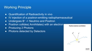Working Principle
● Quantification of Radioactivity in vivo
● IV injection of a positron-emitting radiopharmaceutical
● Undergoes B+
-> Neutrino and Positron
● Positron collides( Annihilates) with an electron
● Producing 2 Photons
● Photons detected by Detectors
 