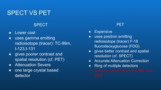 SPECT VS PET
SPECT
● Lower cost
● uses gamma emitting
radioisotope (tracer): TC-99m,
I-123,I-131
● gives poorer contrast and
spatial resolution (cf. PET)
● Attenuation Severe
● one large crystal based
detector
PET
● Expensive
● uses positron emitting
radioisotope (tracer) F-18
fluorodeoxyglucose (FDG)
● gives better contrast and spatial
resolution (cf. SPECT)
● Accurate Attenuation Correction
● Ring of multiple detectors
● Routine quantification of MBF and
MFR
 