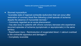 Patients with Ischemic Cardiomyopathy and Heart
Failure
● Stunned myocardium
“reversible state of regional contractile dysfunction that can occur after
restoration of coronary blood flow following a brief episode of ischemia
despite the absence of myocardial necrosis.”
- Commonly regarded as an acute phenomenon
- may also occur in patients with chronic coronary stenoses who experience
recurrent episodes of ischemia (symptomatic or asymptomatic) in the same
territory
- Reperfusion injury : Reintroduction of oxygenated blood -> calcium overload
to the contractile apparatus and damages it
- Completely reversible
 