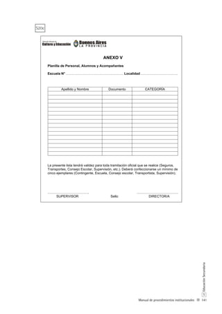 141
S
EducaciónSecundaria
Manual de procedimientos institucionales
ANEXO V
Planilla de Personal, Alumnos y Acompañantes
Escuela N° …………………………………………… Localidad ……………………………
Apellido y Nombre Documento CATEGORÍA
La presente lista tendrá validez para toda tramitación oficial que se realice (Seguros,
Transportes, Consejo Escolar, Supervisión, etc.). Deberá confeccionarse un mínimo de
cinco ejemplares (Contingente, Escuela, Consejo escolar, Transportista, Supervisión).
………………………………. ……………………………….
SUPERVISOR Sello DIRECTOR/A
S20c
 